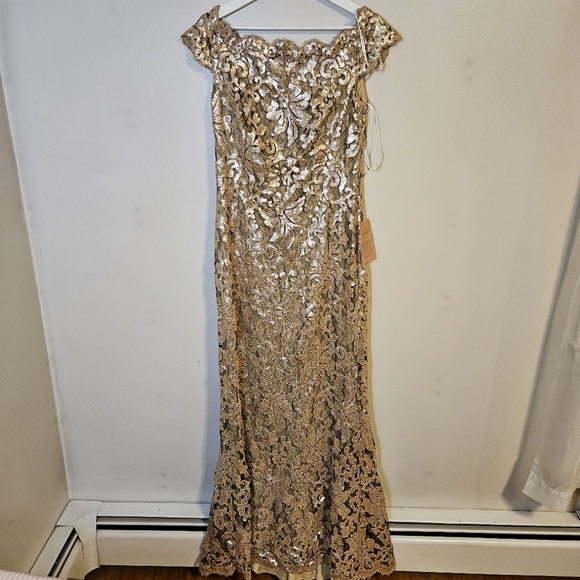 Tadashi Shoji Odette Dress Elegant Gold Lace Gown Wedding Mother of Bride Groom - Picture 14 of 14